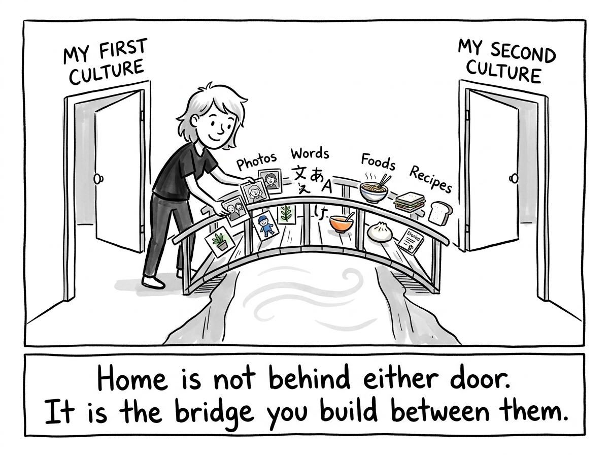 The young adult building a small bridge between the two doorways, placing photos and foods and words from both cultures on it, creating their own space
