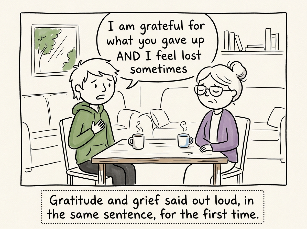 The young adult talking to their parent, saying 'I am grateful for what you gave up AND I feel lost sometimes' while the parent listens with softened eyes