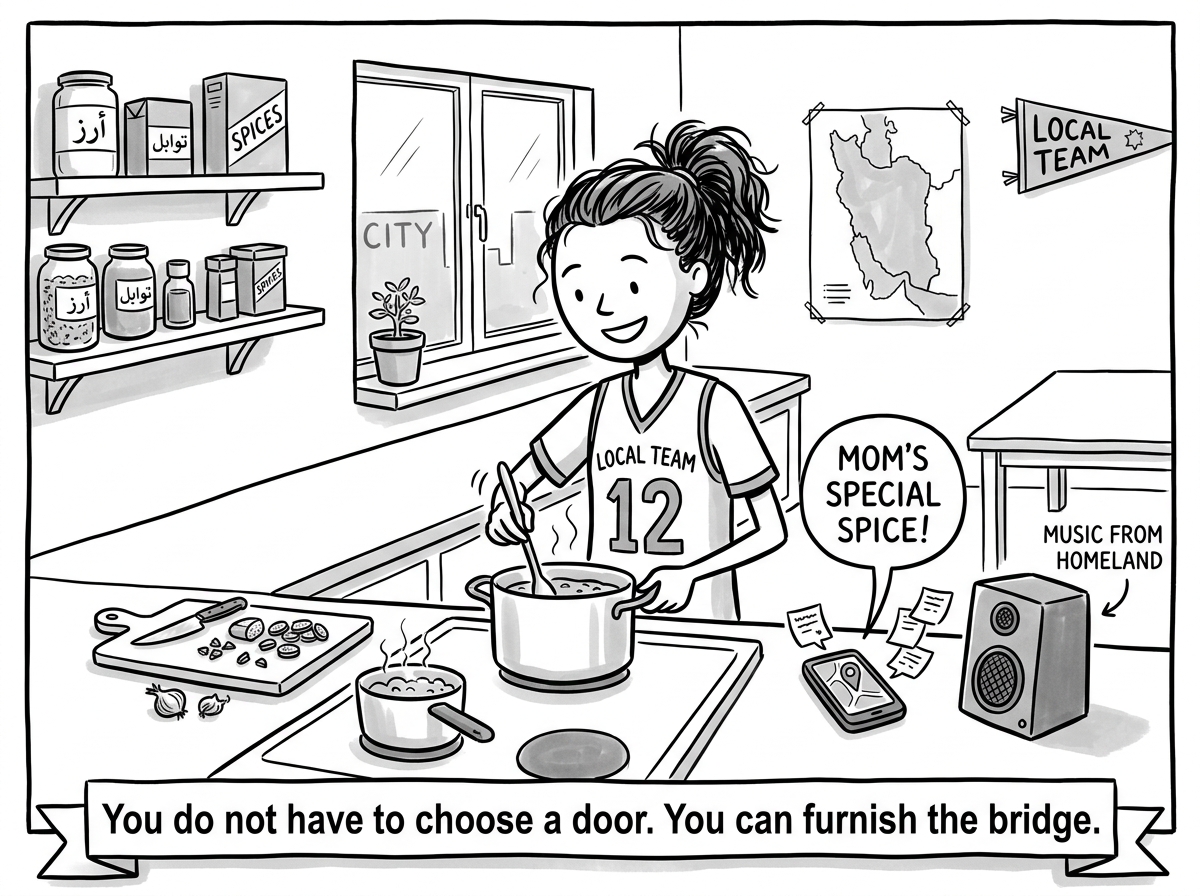 The young adult cooking a family recipe in their own kitchen, playing music from the homeland, while also wearing a local sports jersey -- holding both cultures at once