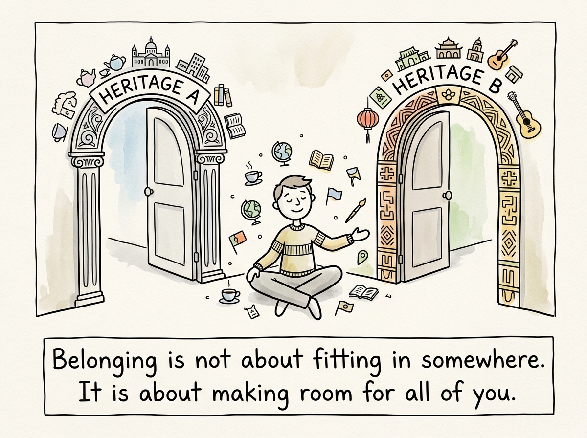 The young adult sitting comfortably in the space between the two doorways, surrounded by pieces of both cultures, no longer trying to fit through either door alone
