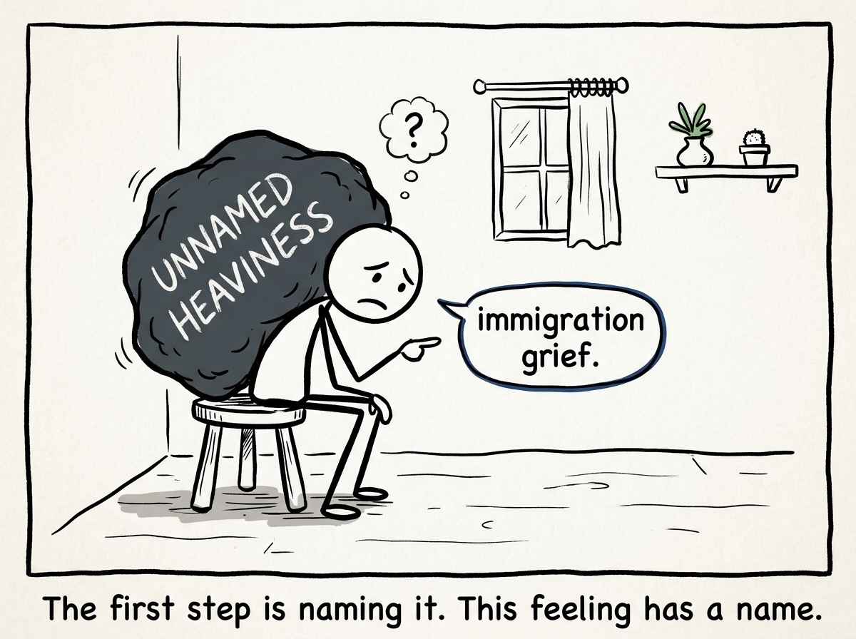 A stick figure sitting with the unnamed heaviness they have carried for years, finally giving it a name: immigration grief