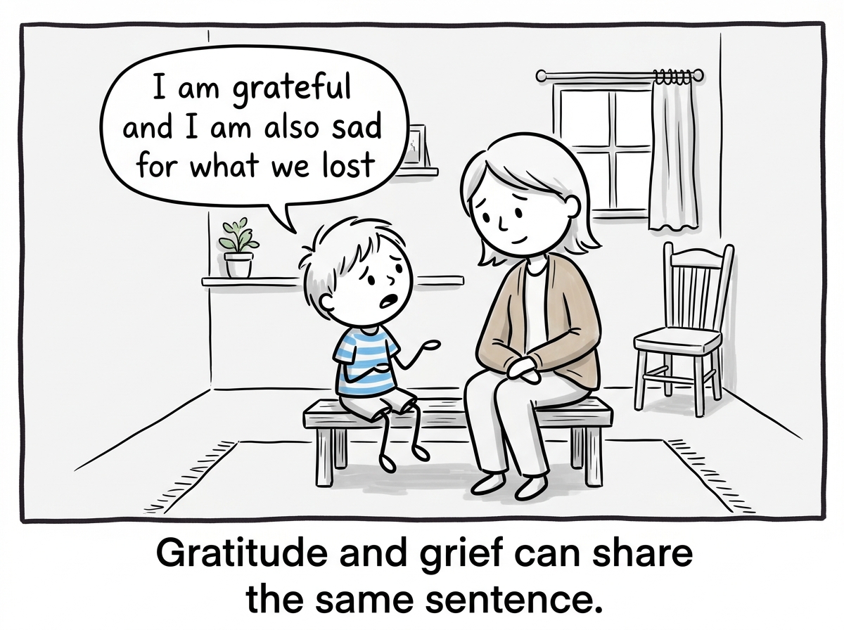The stick figure talking to their parent, gently saying 'I am grateful and I am also sad for what we lost' while the parent listens