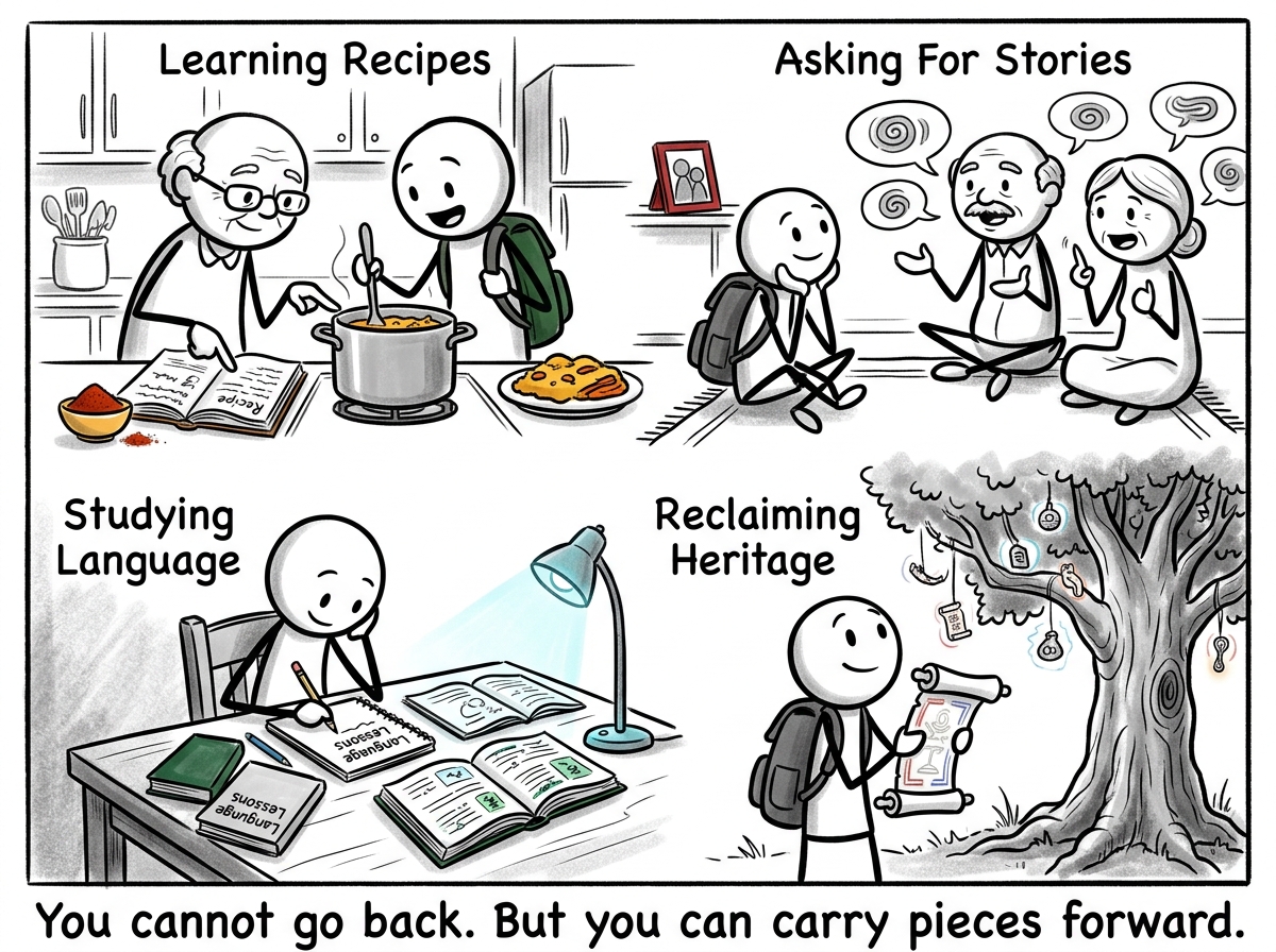 The stick figure exploring their family's culture -- learning recipes, asking for stories, studying the language -- reclaiming what assimilation eroded
