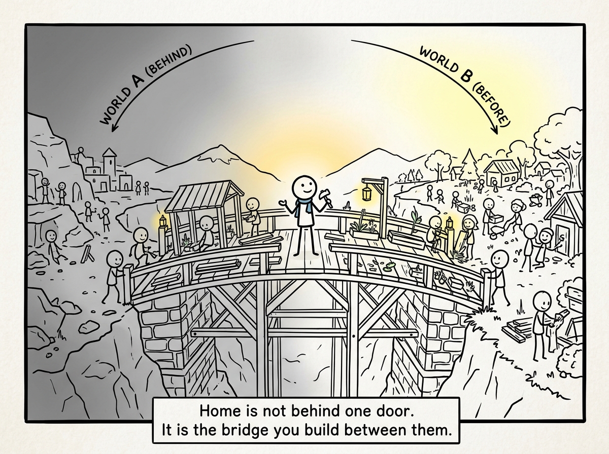 The stick figure standing on a bridge between two worlds, belonging not to either side perfectly but to the space they built between them