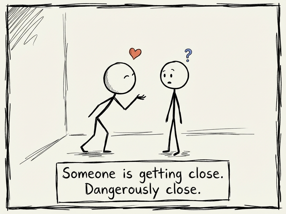 A stick figure sitting across from another stick figure at a small table, the second figure leaning forward with a warm expression and saying 'I really like spending time with you,' while a large alarm device strapped to the first figure's chest begins to glow red