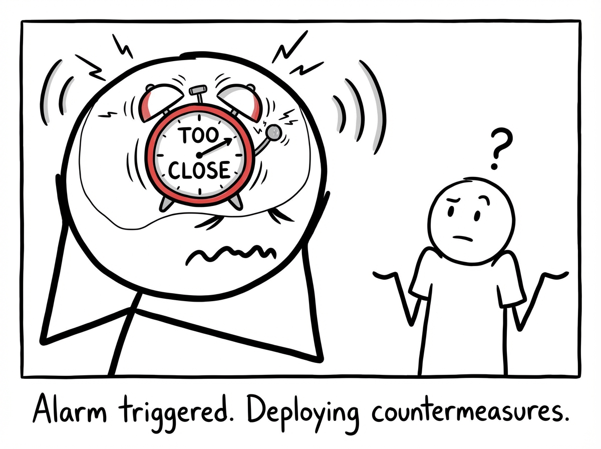 The alarm on the stick figure's chest now blasting at full volume with the words 'TOO CLOSE -- PROXIMITY BREACH -- EVACUATE' flashing in red, the figure's eyes wide with panic, the other person still sitting calmly and looking confused