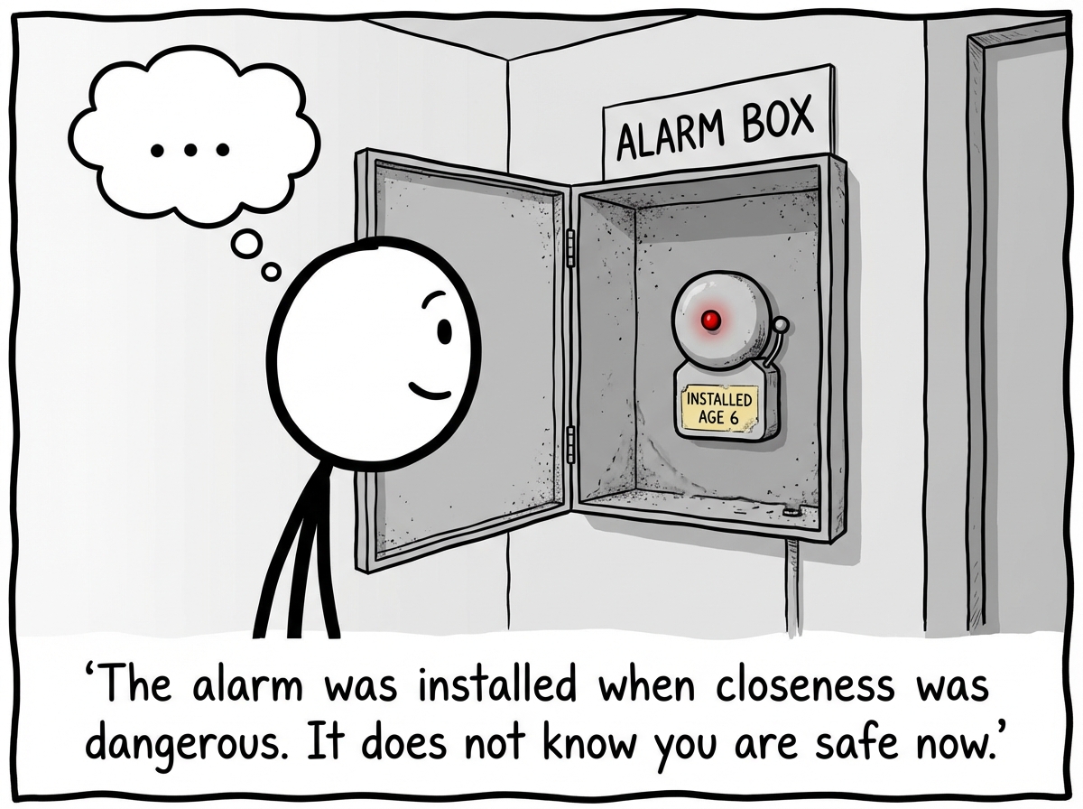The stick figure holding the alarm device in their hands and examining it closely, discovering a small engraving on the back that reads 'Installed: Age 7 -- Manufacturer: Family of Origin,' the wall behind them half-dismantled and the other person still visible on the other side