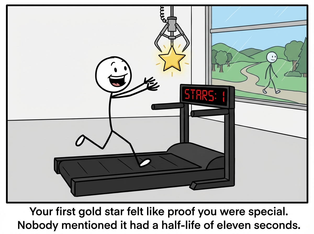 A stick figure running eagerly on a treadmill, reaching up to grab a shiny gold star dangling from a mechanical arm above. Their face beams with excitement. A counter on the treadmill reads 'STARS: 1.' Behind the treadmill, a window shows a beautiful path through rolling hills and trees where another stick figure walks slowly, looking content. The runner does not notice the window -- their eyes are locked on the star.
