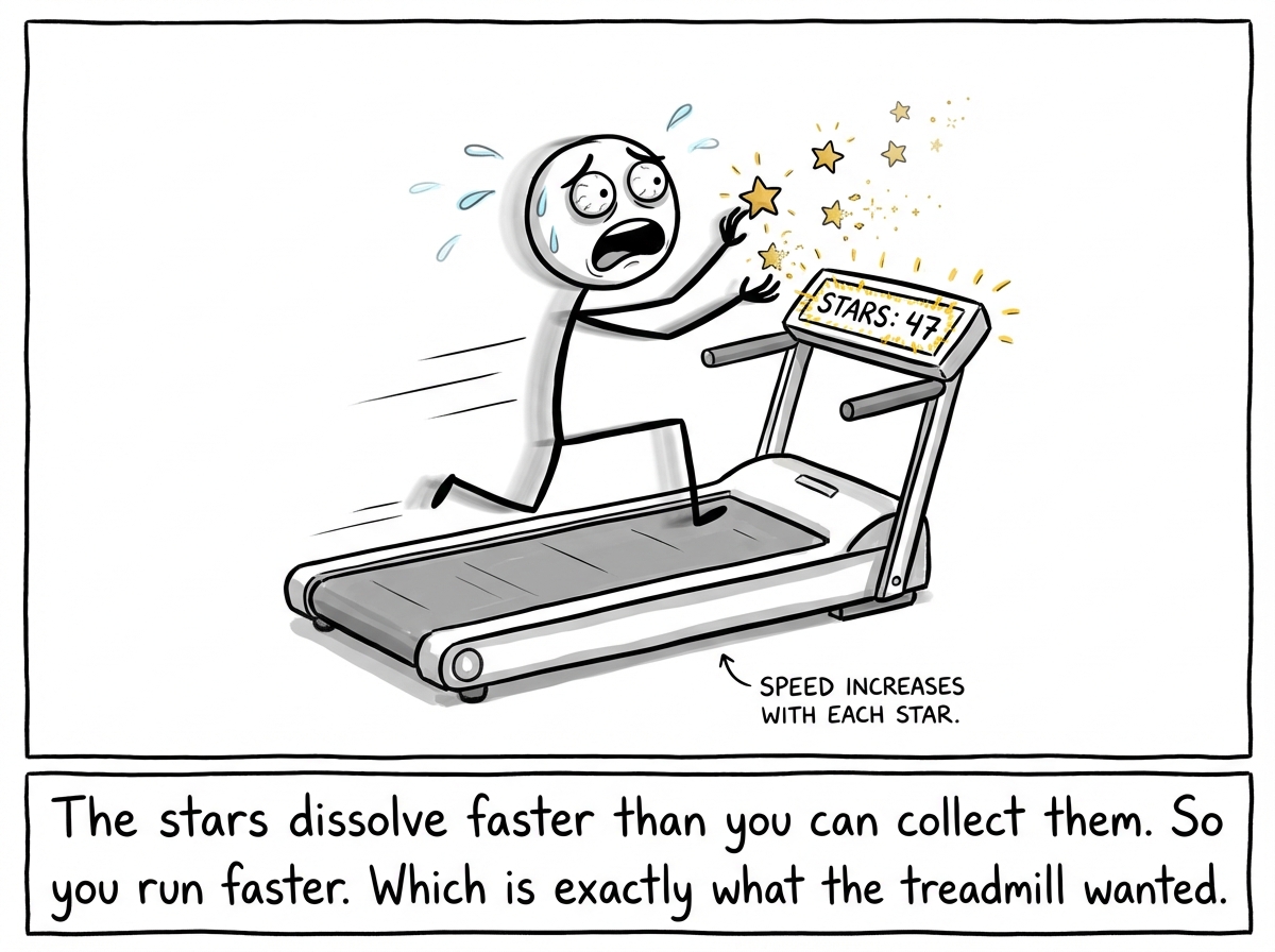 The treadmill has sped up noticeably. The stick figure is running faster, sweating, grabbing gold stars that shimmer for a moment and then dissolve into tiny sparkles of nothing. The counter reads 'STARS: 47' but is flickering, because the stars keep disappearing from the total. The figure's expression has shifted from excitement to desperation -- mouth open, eyes strained. The treadmill has a small label: 'SPEED INCREASES WITH EACH STAR.'