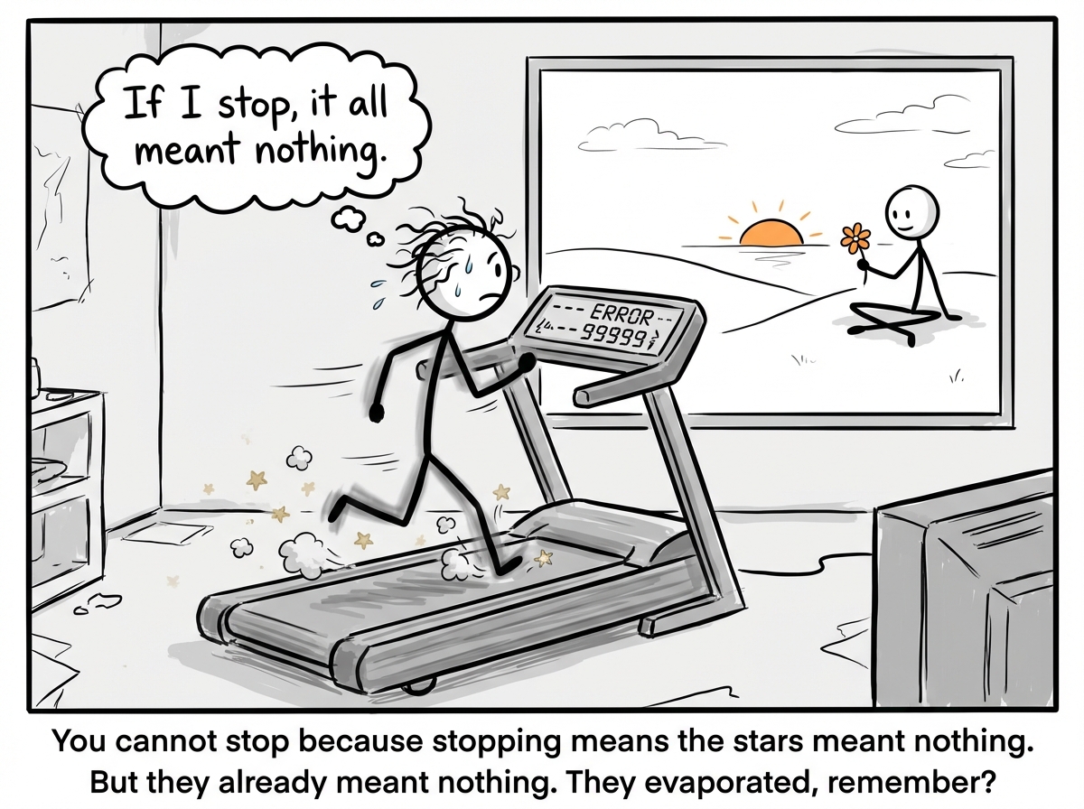 The treadmill is now a blur. The stick figure is exhausted, legs barely keeping up, gold stars evaporating the instant they are touched, the counter wildly flashing between numbers and zero. The figure's thought bubble reads 'If I stop, it all meant nothing.' Through the window behind, the walking figure has stopped to sit on a hill, watching the sunset, a small flower in hand, face peaceful. The contrast between the two scenes is stark -- chaos inside, stillness outside.