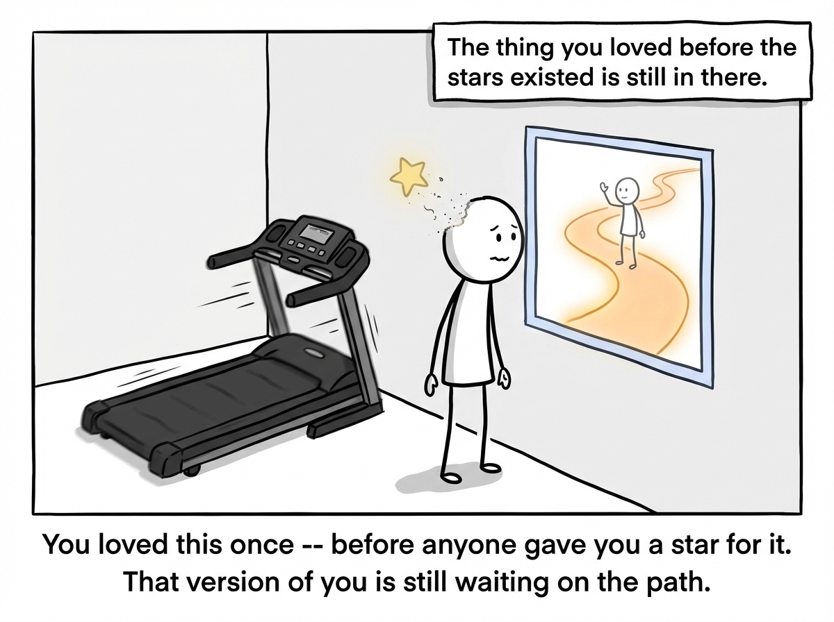 The stick figure has stepped off the treadmill, which continues spinning empty behind them. They stand at the window, looking out at the path for the first time. The walking figure outside waves. The runner's hands are empty -- no stars -- but their expression is one of quiet recognition. A gold star floats past the window and dissolves. A label reads 'The thing you loved before the stars existed is still in there.' The path outside glows faintly with warm light.