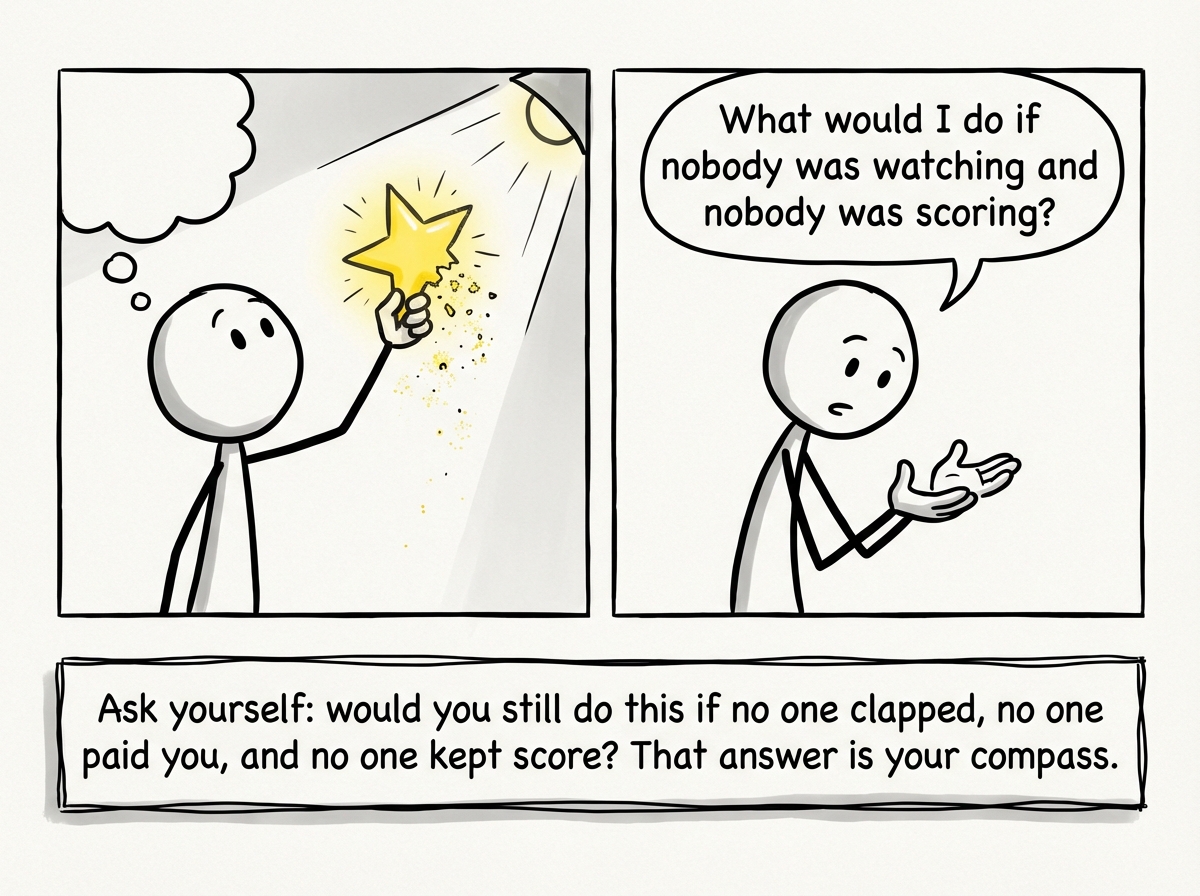 A stick figure holding a gold star up to the light and watching it dissolve, then looking at their empty hands with curiosity instead of loss, asking 'What would I do if nobody was watching and nobody was scoring?'