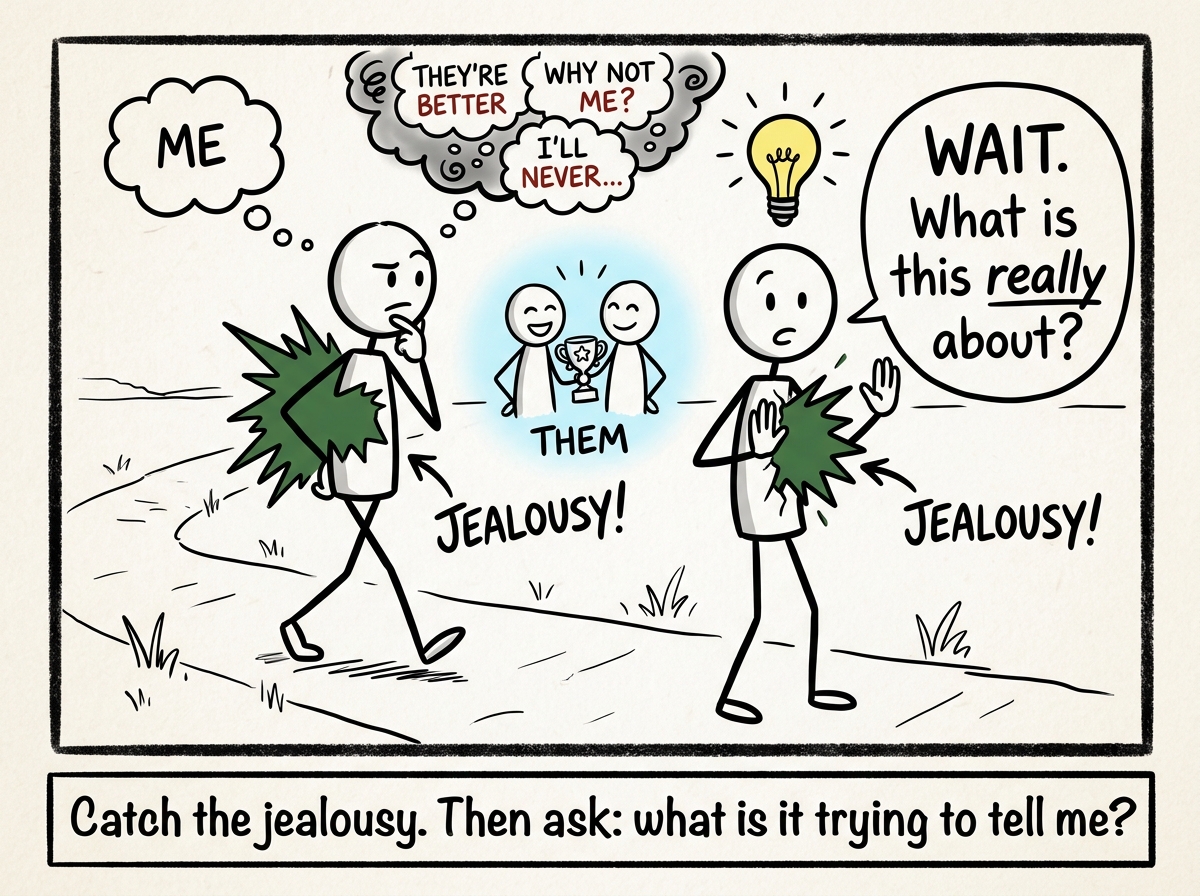 A stick figure noticing a pang of jealousy, pausing to ask 'What is this really about?' instead of spiraling into comparison