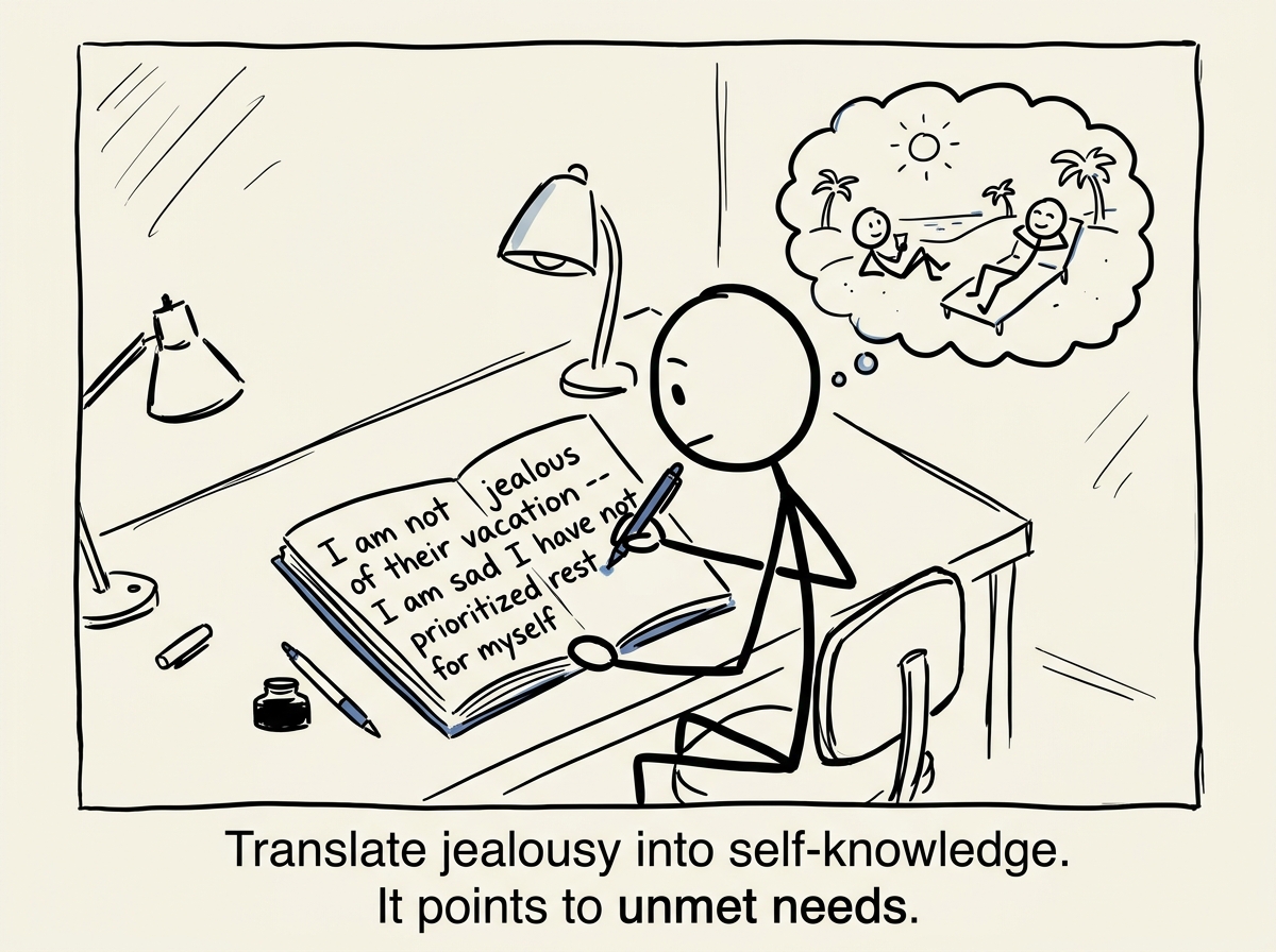 The stick figure writing down 'I am not jealous of their vacation -- I am sad I have not prioritized rest for myself'