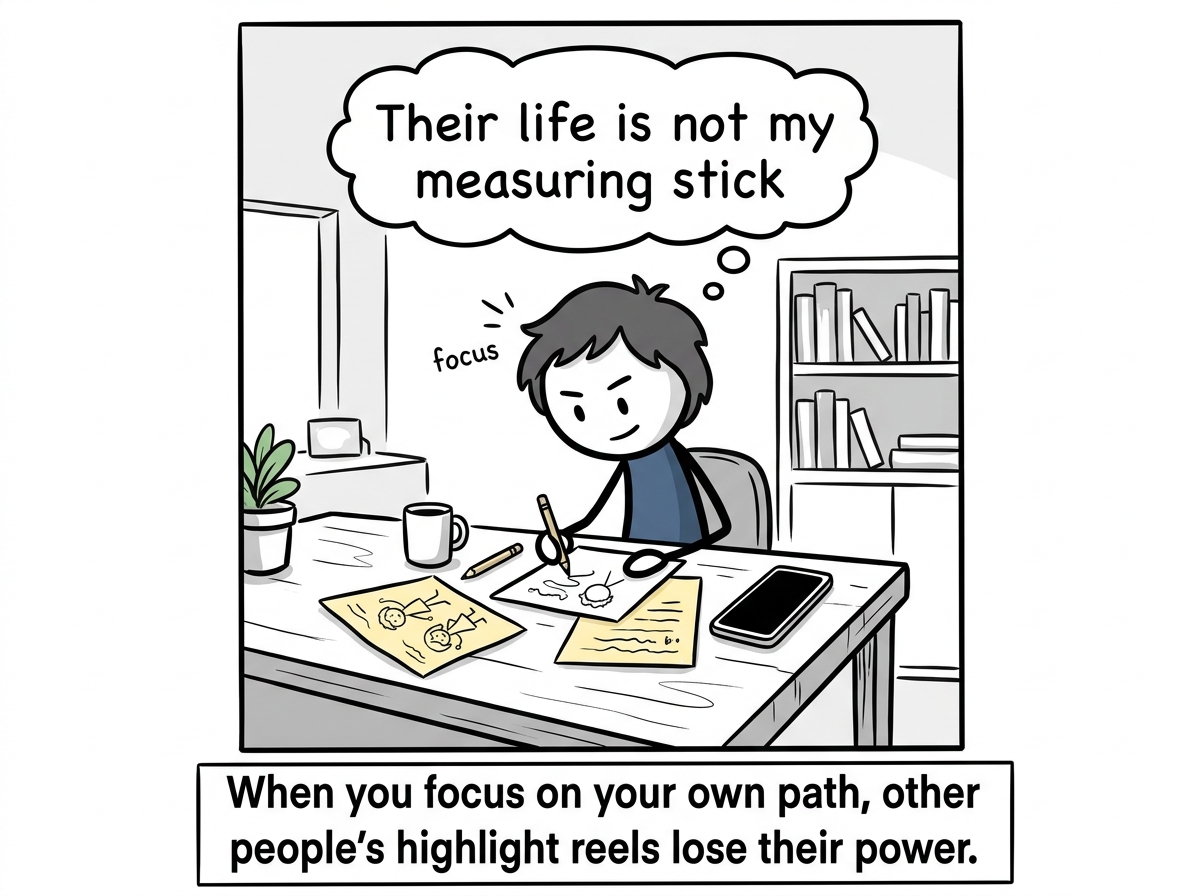 The stick figure working on their own goal with focus, no longer scrolling, with a thought bubble reading 'Their life is not my measuring stick'