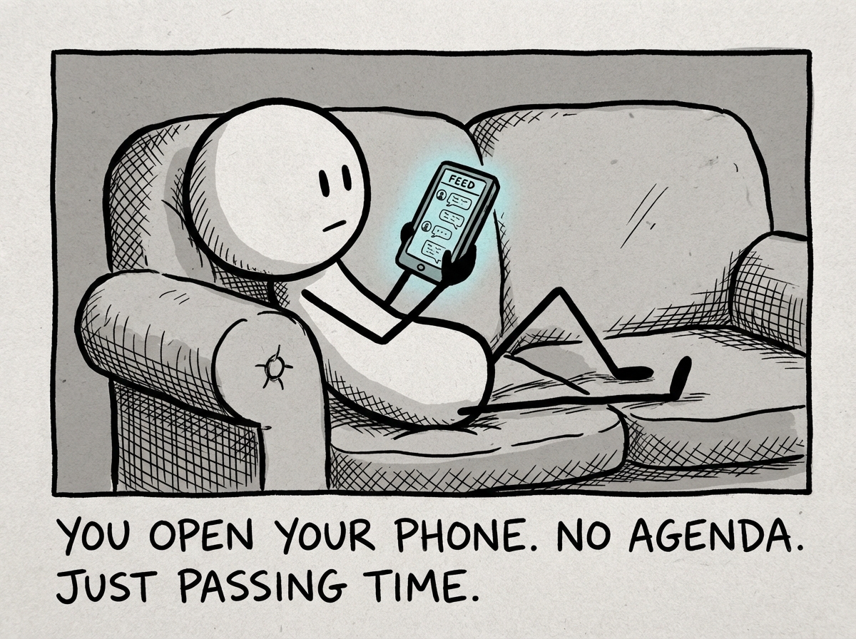 A stick figure on the couch, casually opening their phone with a neutral expression. The screen shows a social media feed
