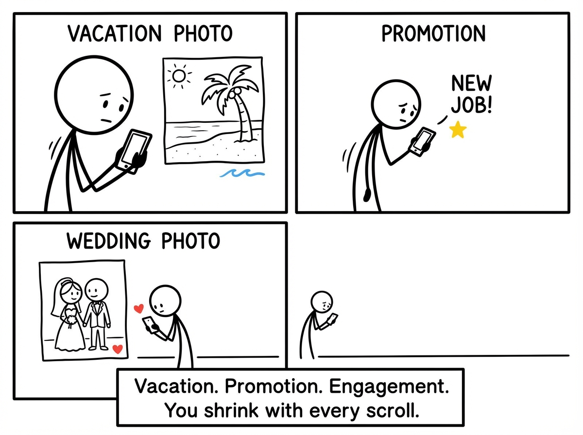 The stick figure seeing a friend's vacation photo, then a promotion announcement, then a wedding photo. With each post, the figure physically shrinks a little smaller