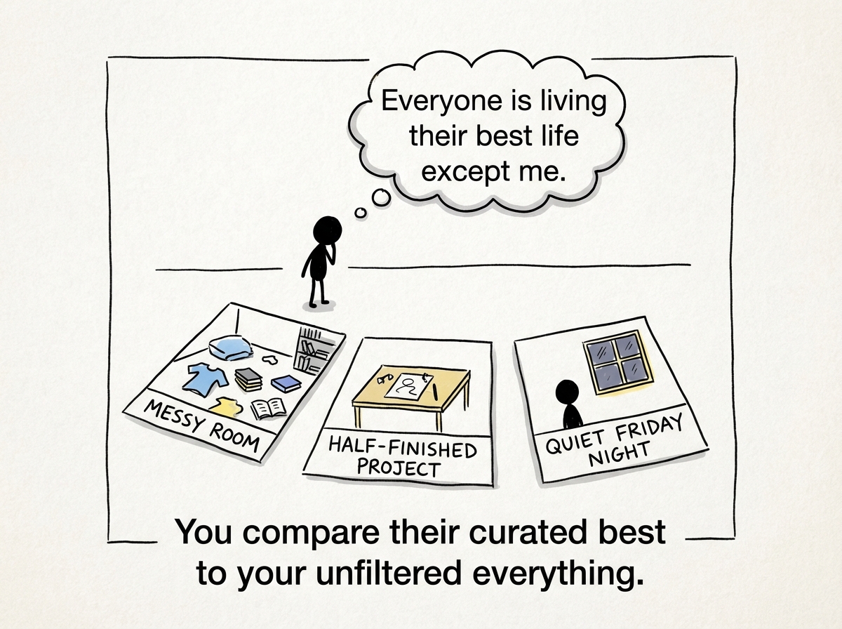 The tiny stick figure looking at their own life -- a messy room, a half-finished project, a quiet Friday night -- and a thought bubble reading 'Everyone is living their best life except me'