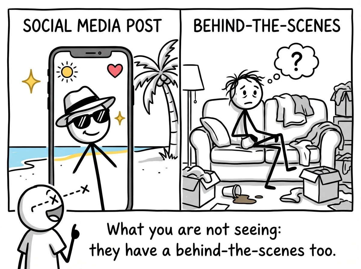 A split screen: on the left, the glamorous social media post. On the right, the same person's reality -- also messy, uncertain, and complicated. The stick figure cannot see the right side