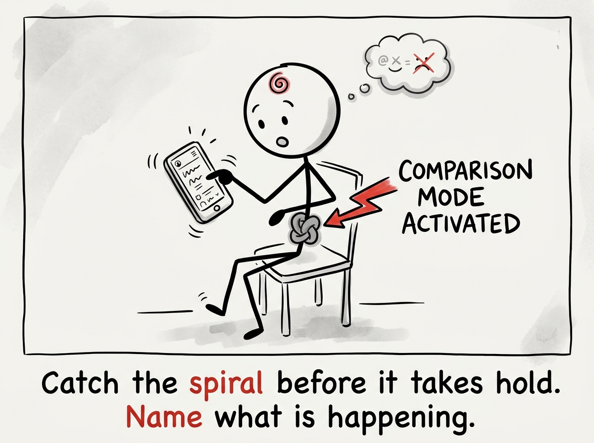 A stick figure mid-scroll, noticing the sinking feeling in their stomach, pausing to label it: 'Comparison mode activated'