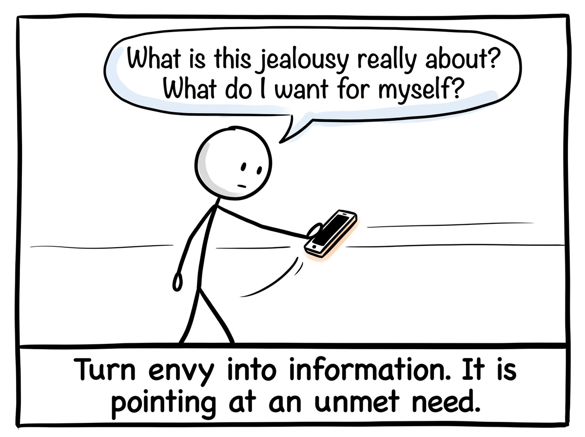 The figure closing the phone and asking 'What is this jealousy really about? What do I want for myself?'