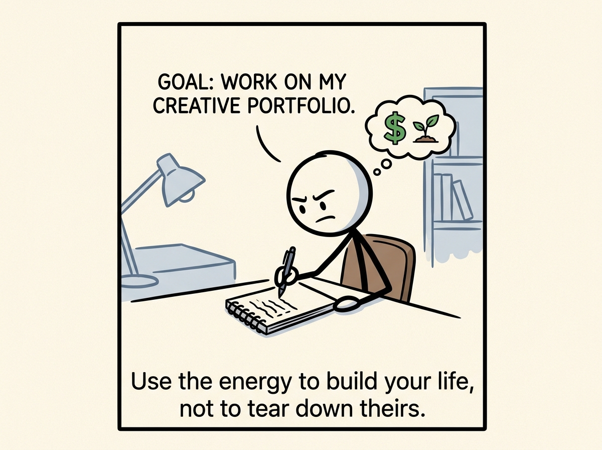 The figure writing down one concrete goal inspired by the jealousy -- not to compete, but to invest in their own life