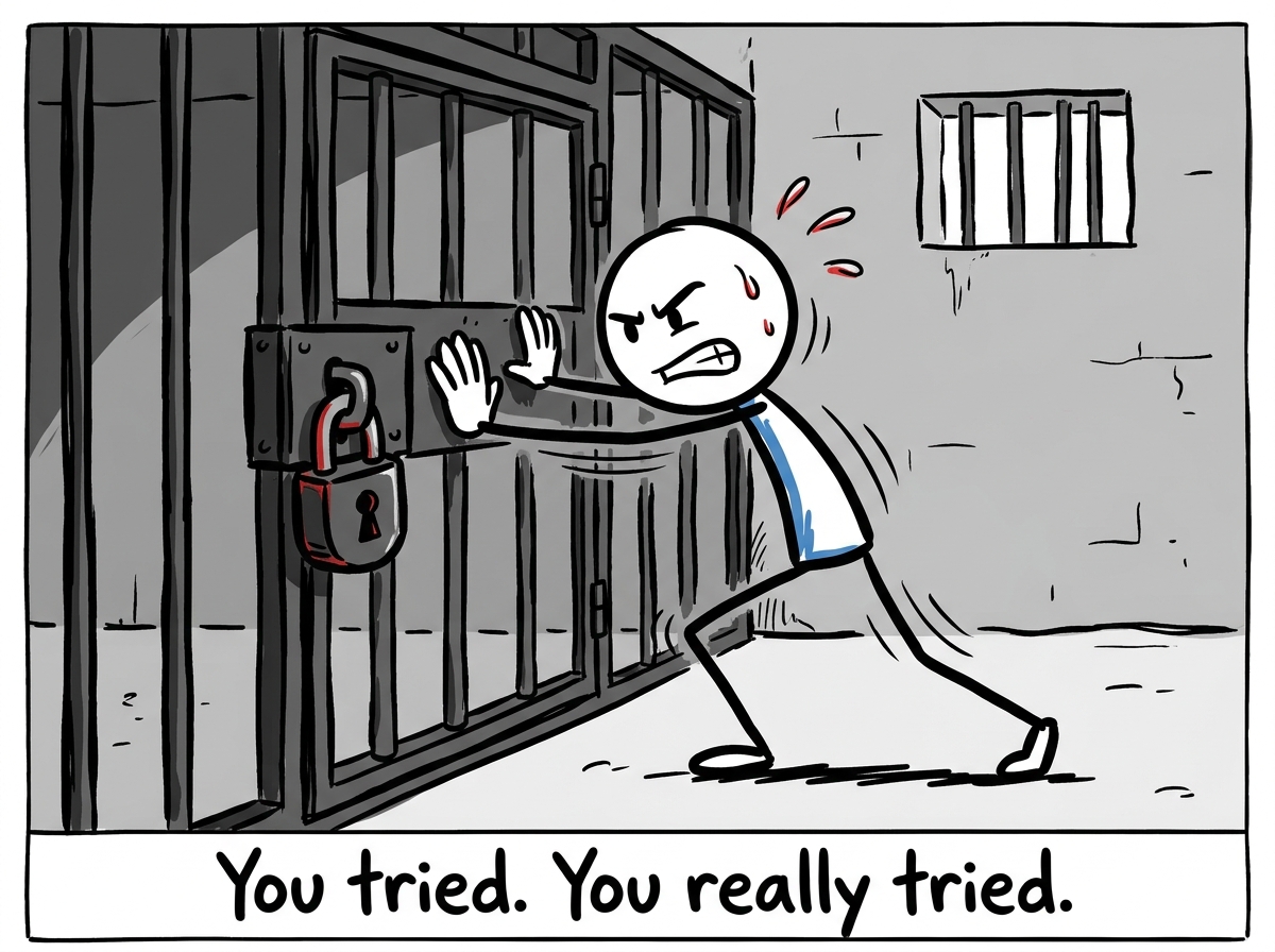 A stick figure energetically pushing against a locked cage door with determination, pushing hard, clearly trying their best