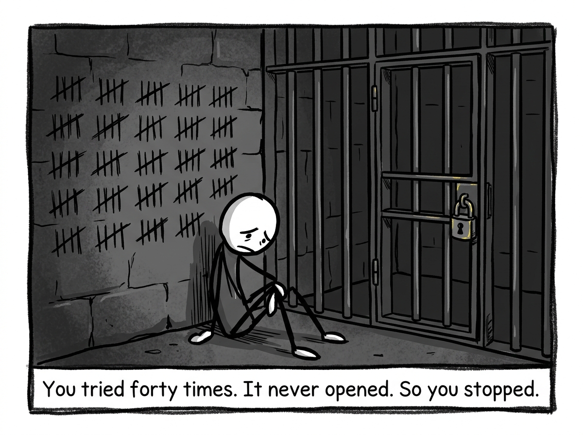 The same figure slumped against the cage wall, exhausted, with tally marks on the wall showing dozens of failed attempts, the door still locked