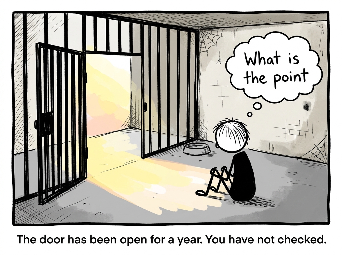 The cage door now standing wide open with sunlight streaming in, but the figure sitting with their back to it, not looking, with a thought bubble reading 'What is the point'