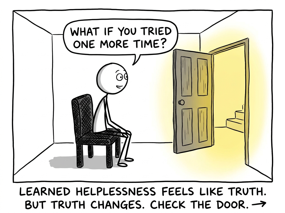 The figure slowly turning their head toward the open door with wide eyes, a tiny crack of hope on their face, with text below reading 'What if you tried one more time?'