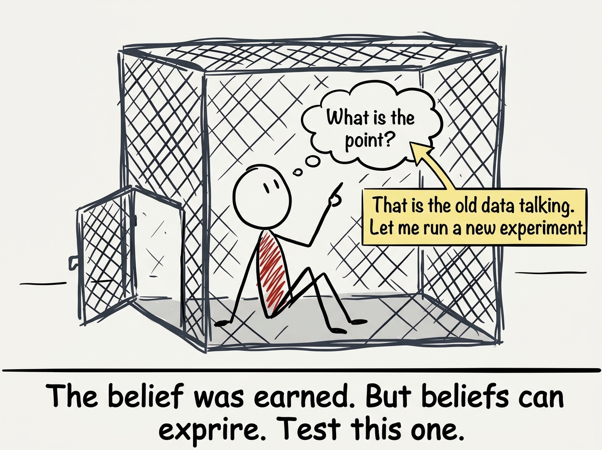 A stick figure in the cage noticing the thought 'What is the point' and labeling it: 'That is the old data talking. Let me run a new experiment.'
