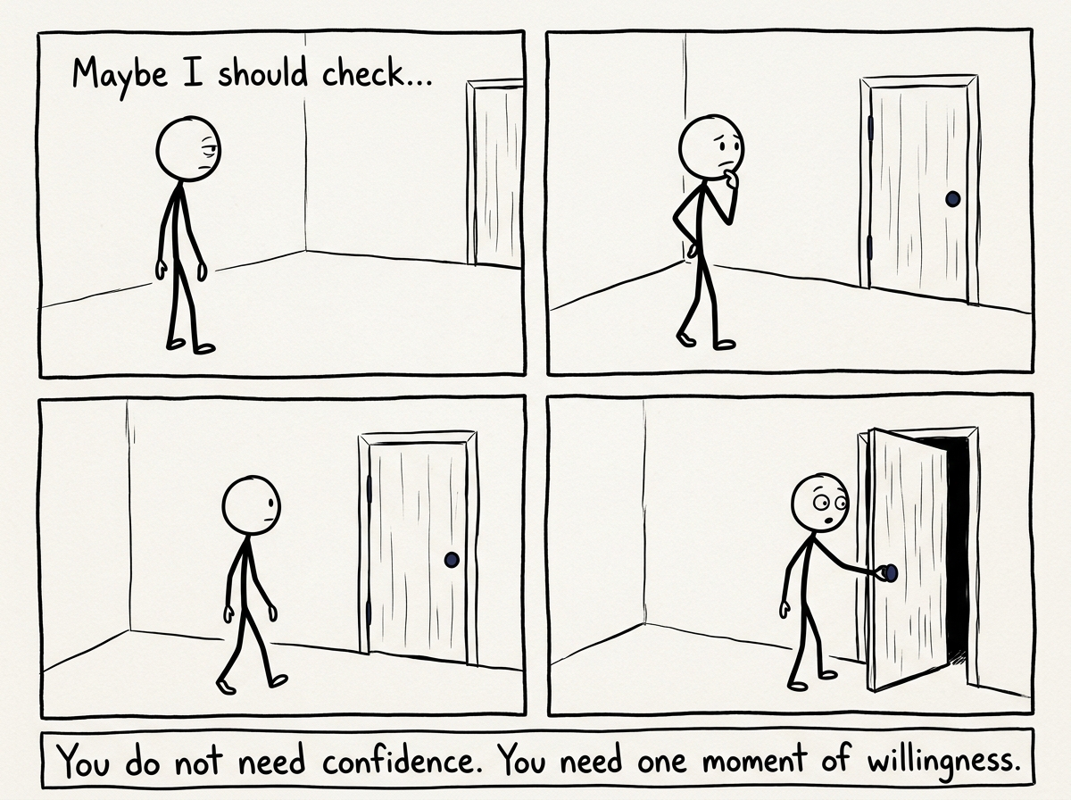 The stick figure slowly turning around and looking at the door, not expecting it to be open, just willing to check