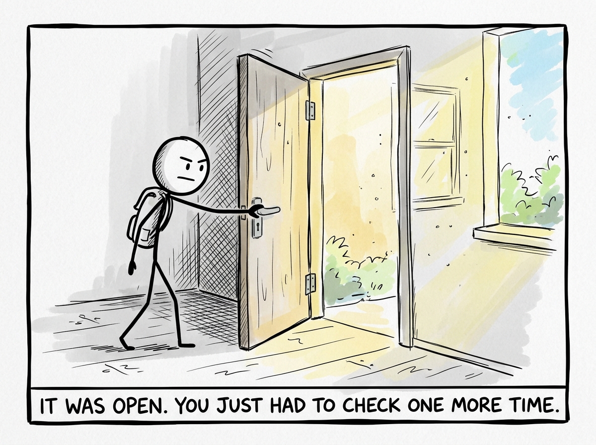 The stick figure reaching out and pushing the door, which swings open easily, sunlight pouring in