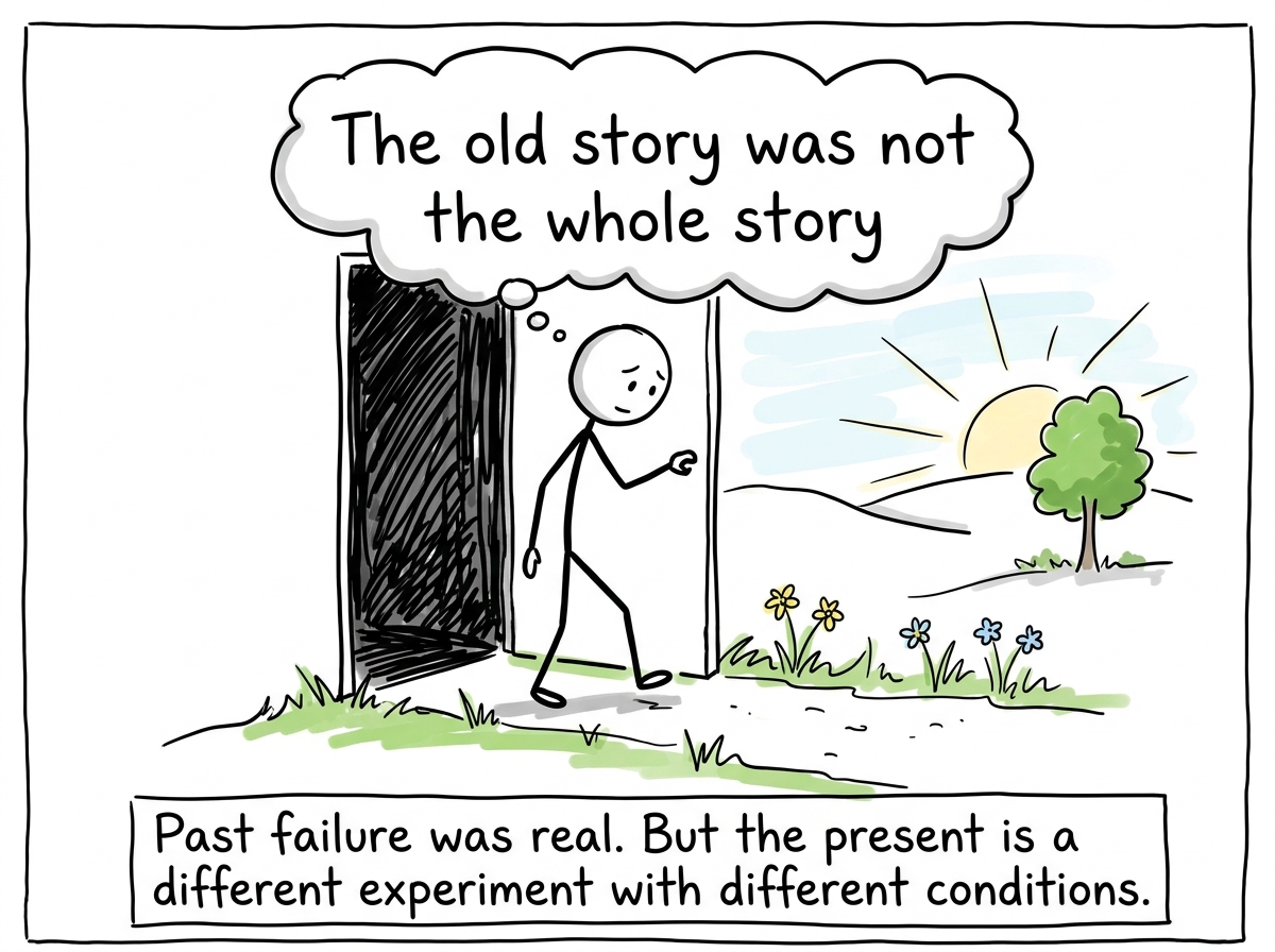 The stick figure taking their first step outside, cautious but moving, with a thought bubble reading 'The old story was not the whole story'