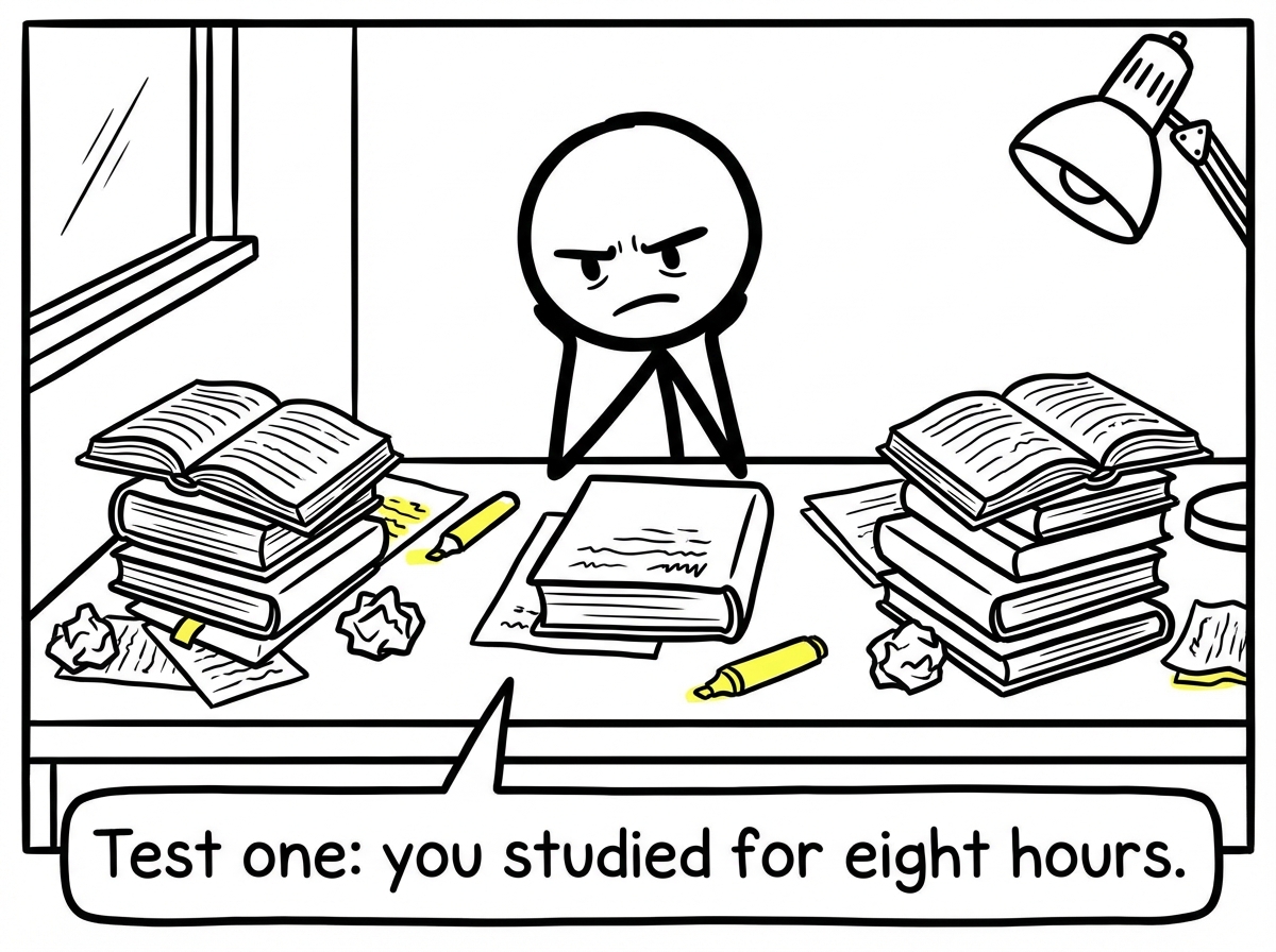 A stick figure student studying intensely at a desk surrounded by books, highlighters, and notes, looking determined