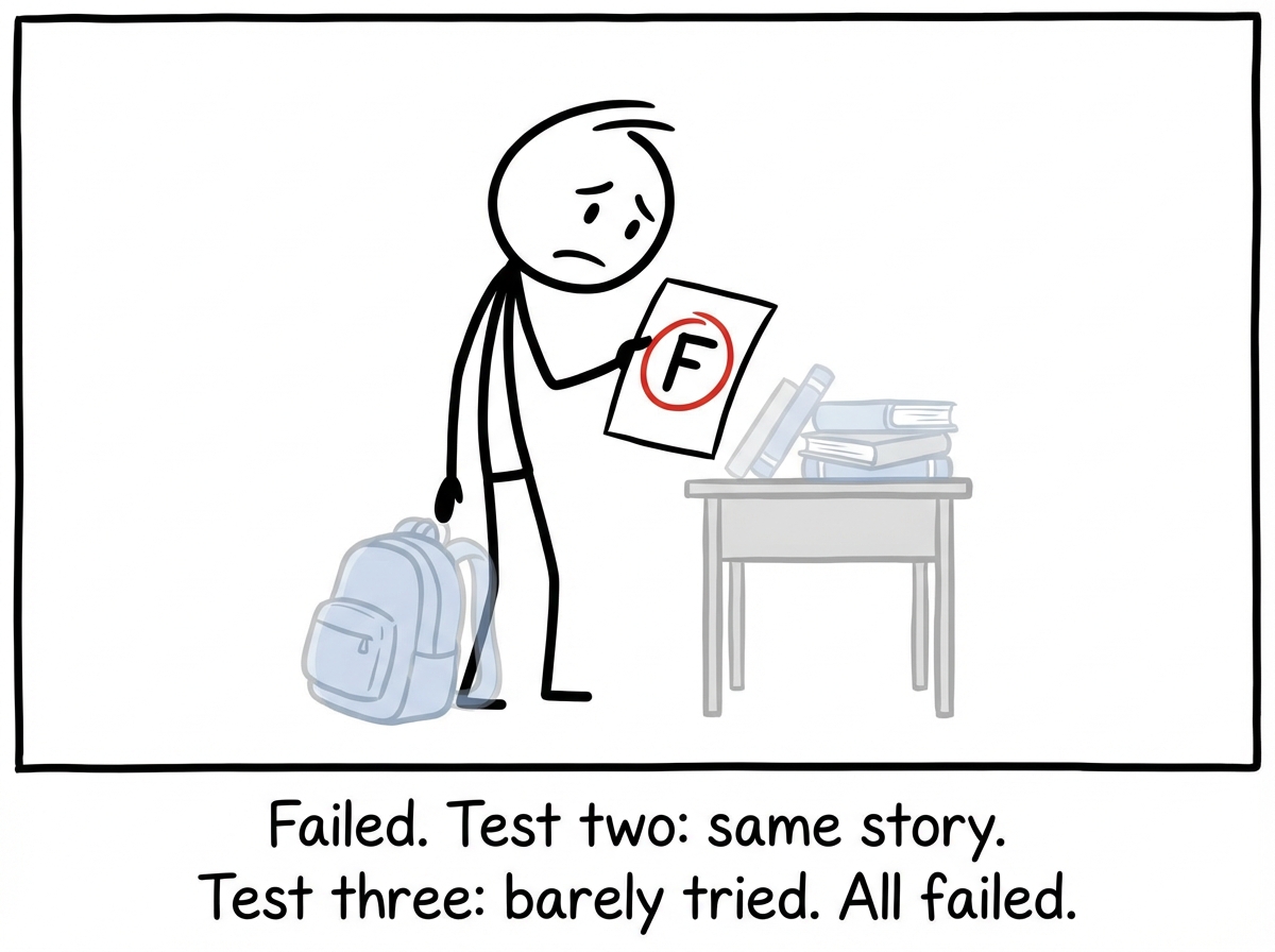 The same student getting back a test paper with a big F on it, looking crushed, while their study materials start to fade in color