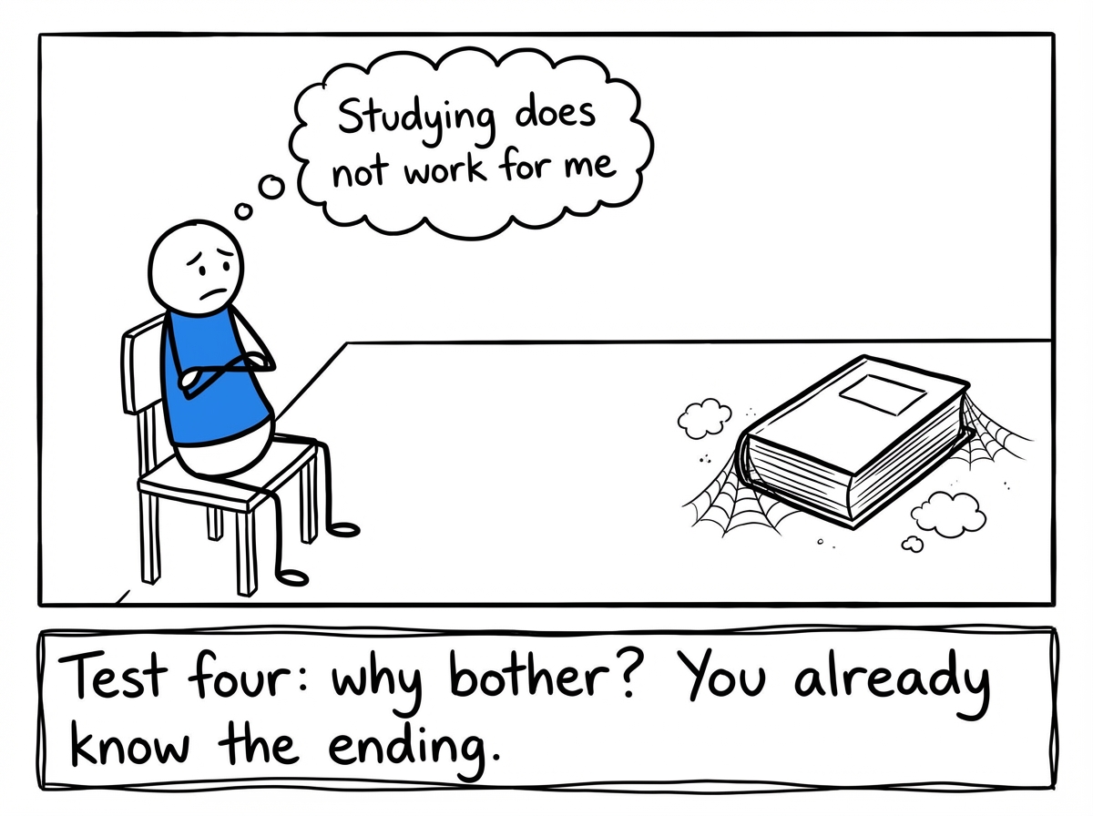 The student sitting far away from their closed textbook, arms crossed, with a thought bubble reading 'Studying does not work for me' while the untouched book gathers dust