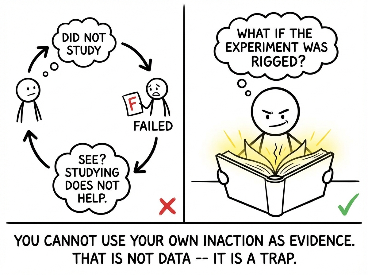 A split panel: left side shows the loop -- 'did not study, failed, see? studying does not help' in a circle. Right side shows the student cracking open the book with the caption 'What if the experiment was rigged?'
