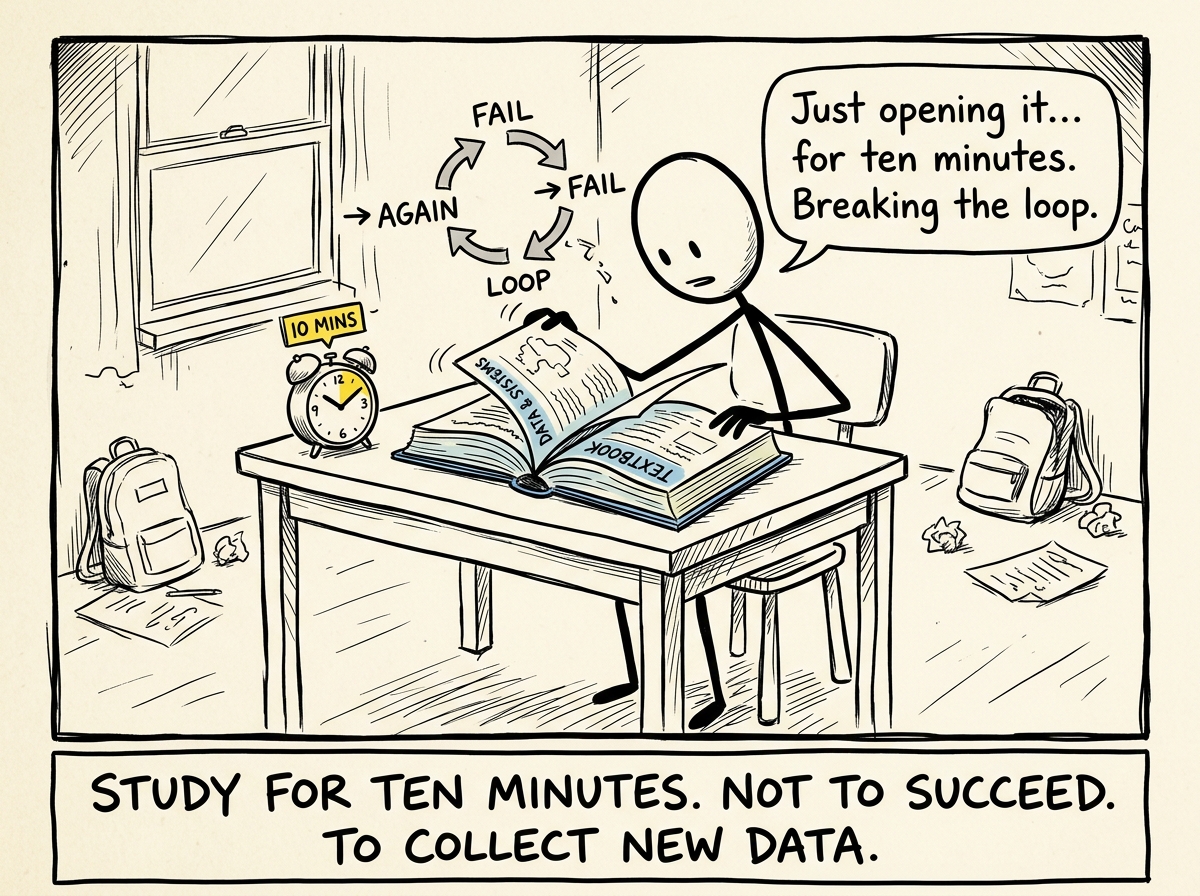 The stick figure opening the textbook for just ten minutes, not to ace the test, just to break the loop