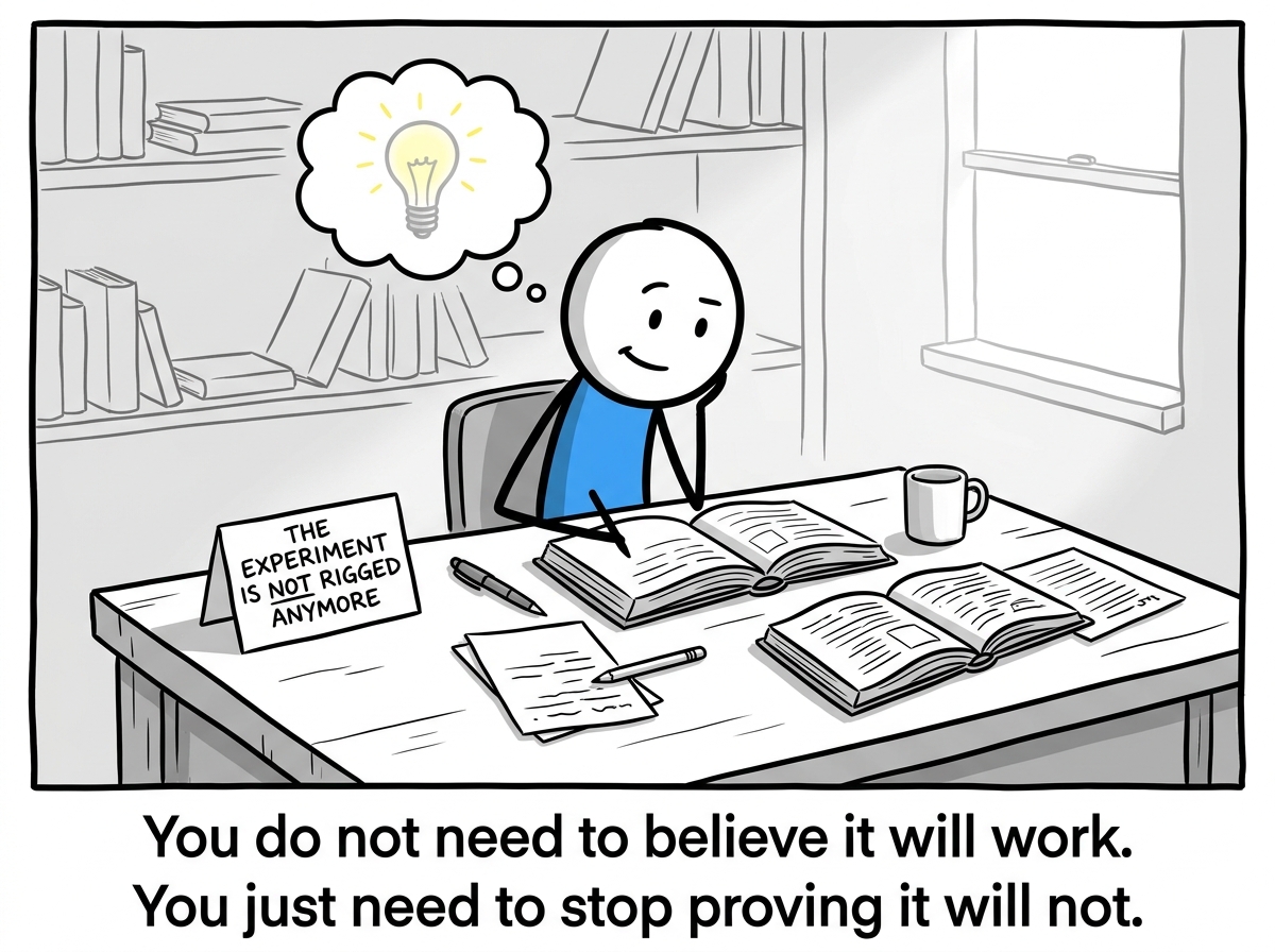 The stick figure studying again, this time with a small note on the desk reading 'The experiment is not rigged anymore'