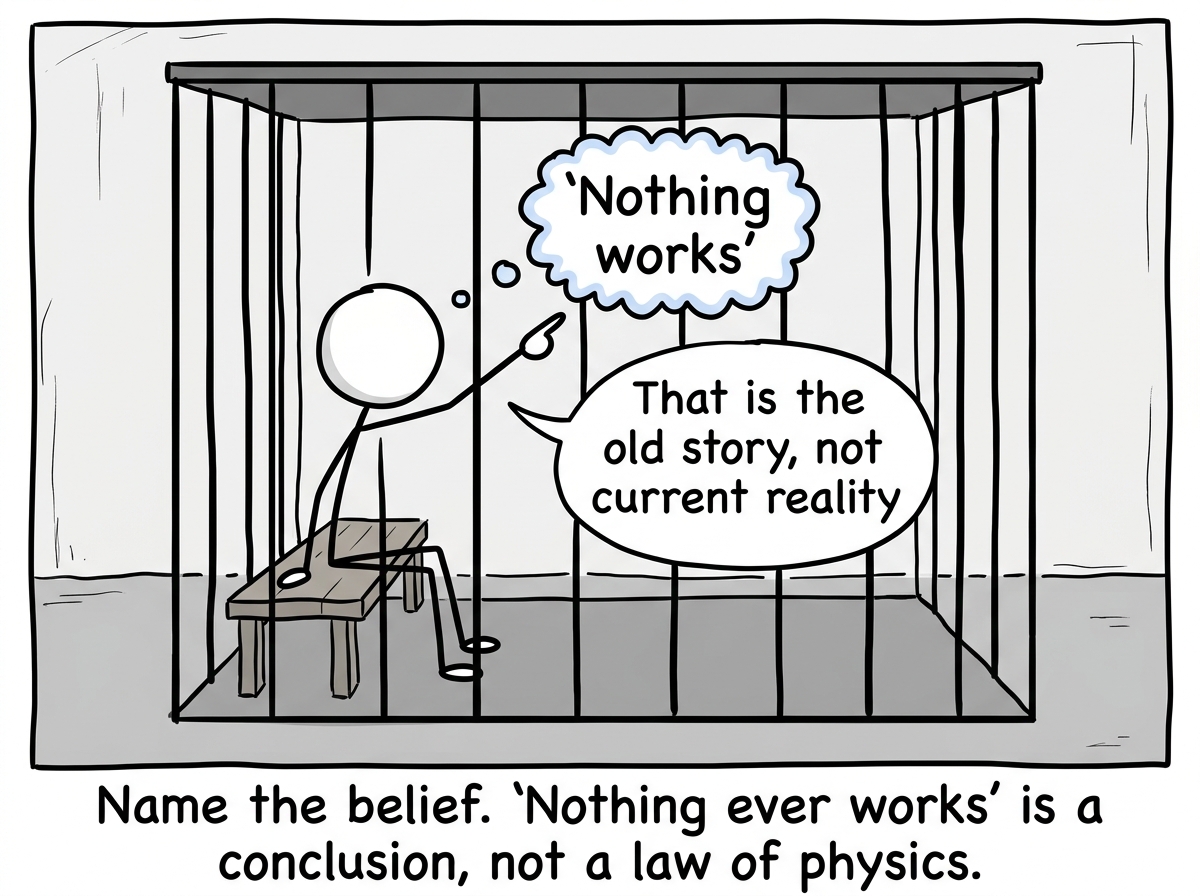 A stick figure sitting in a cage, noticing a thought bubble that reads 'Nothing works' and labeling it: 'That is the old story, not current reality'