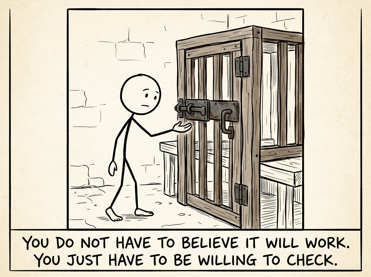 The stick figure slowly reaching toward the cage door with one hand, not expecting it to open, just testing