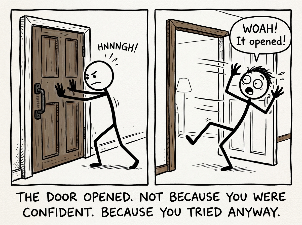The stick figure pushing the door and finding it swings open, eyes wide with surprise