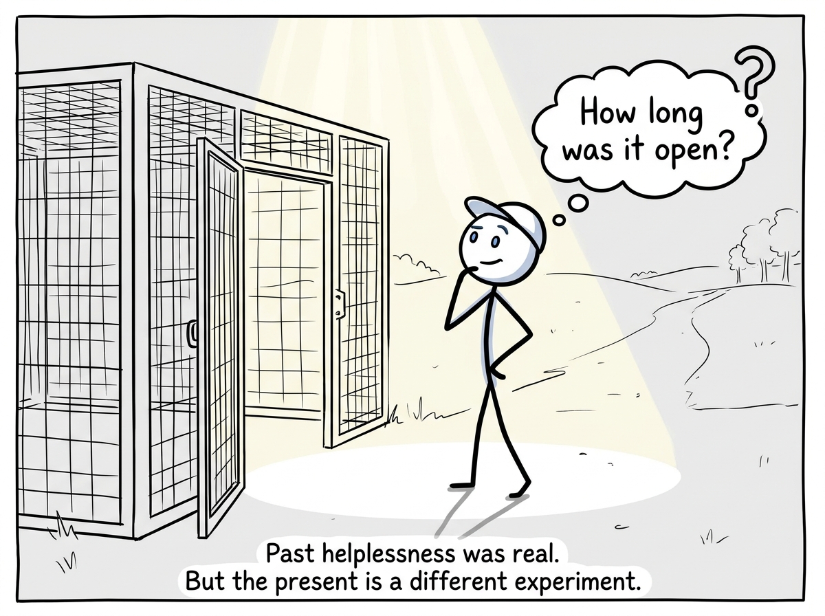 The stick figure standing outside the cage in sunlight, looking back, with a thought bubble reading 'How long was it open?'