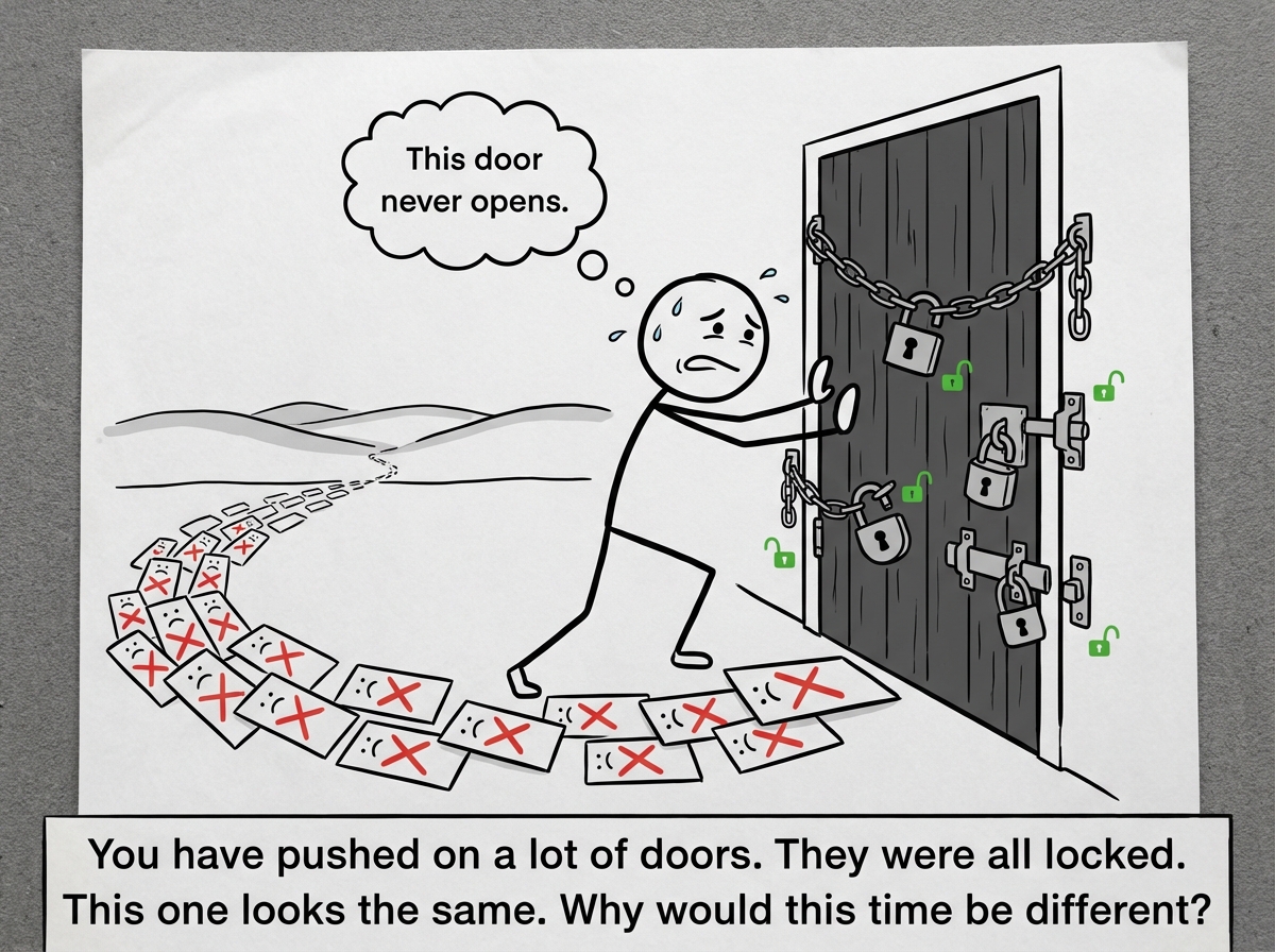 A stick figure stands in front of a large door, pushing against it with both hands, straining visibly. The door has multiple locks drawn on it, all of which are clearly unlocked -- but the figure does not notice. A thought bubble reads 'This door never opens.' Behind the figure, a trail of previously attempted doors stretches into the distance, each one marked with a red X.