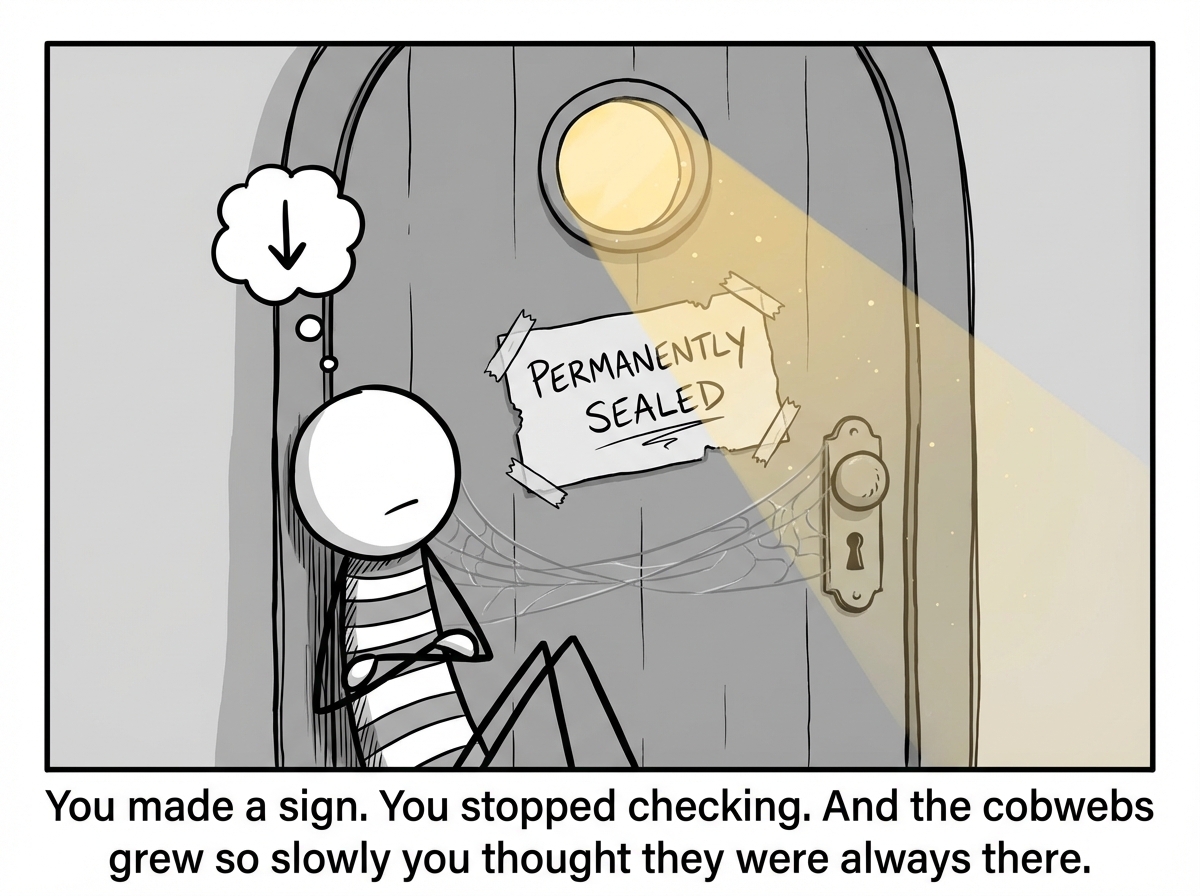 The stick figure has given up pushing and is now sitting on the floor with their back against the door, arms crossed, eyes downcast. A sign they have made reads 'PERMANENTLY SEALED' taped to the door. Through a small window in the door, sunlight streams in, visible to the viewer but not to the figure. Cobwebs have started forming between the figure and the door handle.