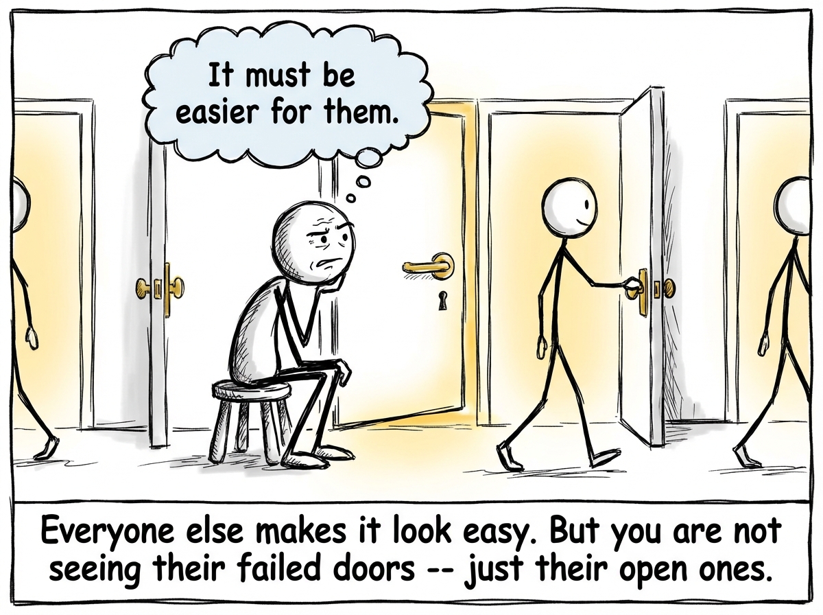 Other stick figures walk past the sitting figure, casually opening identical doors nearby and walking through them. The sitting figure watches with a mixture of confusion and resentment, a thought bubble reading 'It must be easier for them.' The door behind the sitting figure has a visible gap at the bottom where light pours through, and the handle is clearly in the unlocked position.