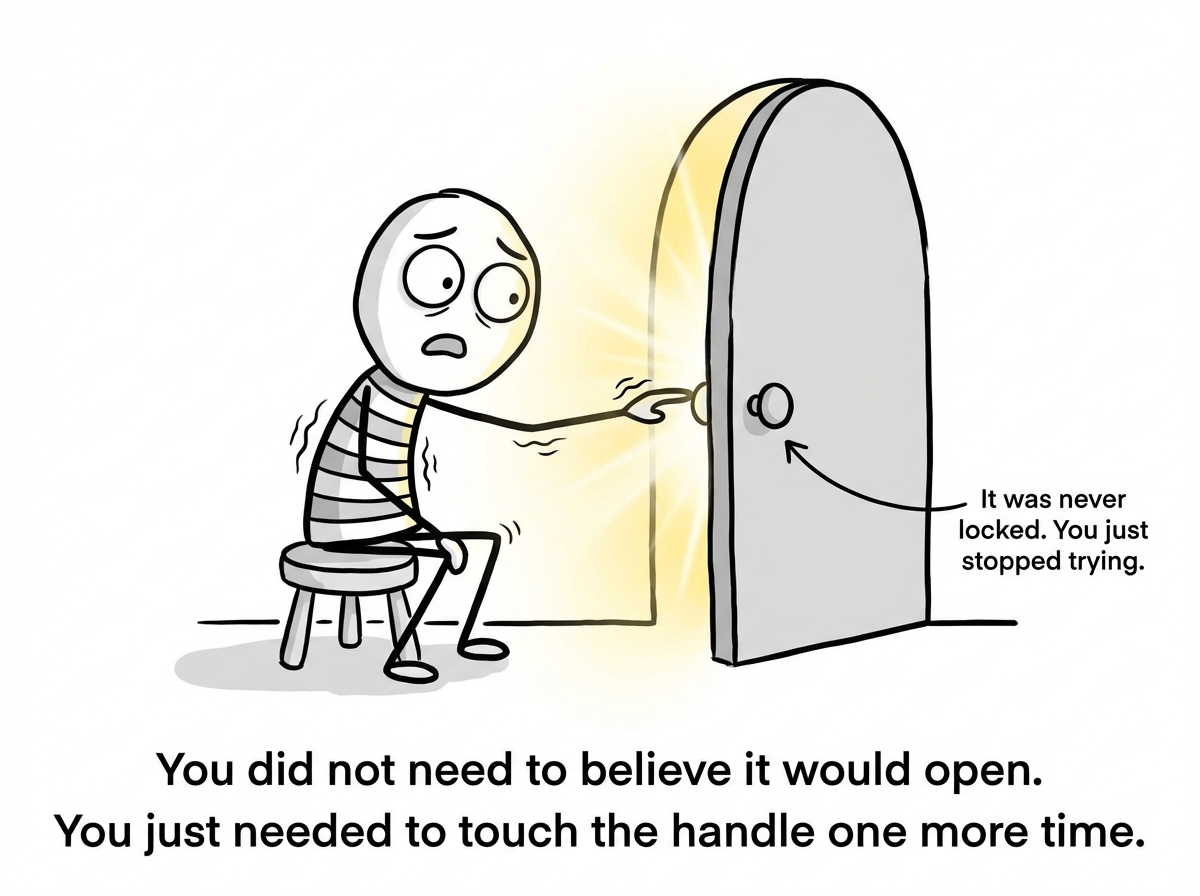 The stick figure, still sitting, reaches one hesitant hand toward the door handle -- not with confidence, but with trembling uncertainty. The moment their fingers touch the handle, the door swings open effortlessly, flooding the scene with light. The figure's expression is pure shock. A small label reads 'It was never locked. You just stopped trying.'