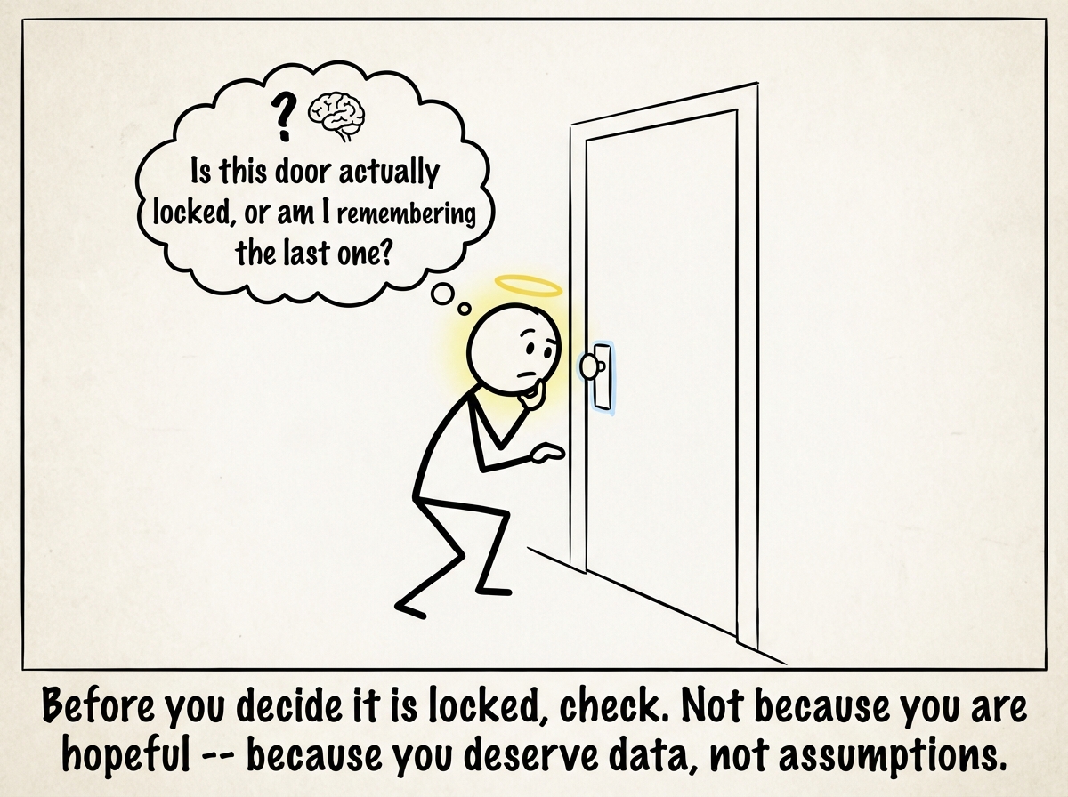 A stick figure examining a door handle with curiosity instead of defeat, asking 'Is this door actually locked, or am I remembering the last one?' with a gentle expression of self-awareness.