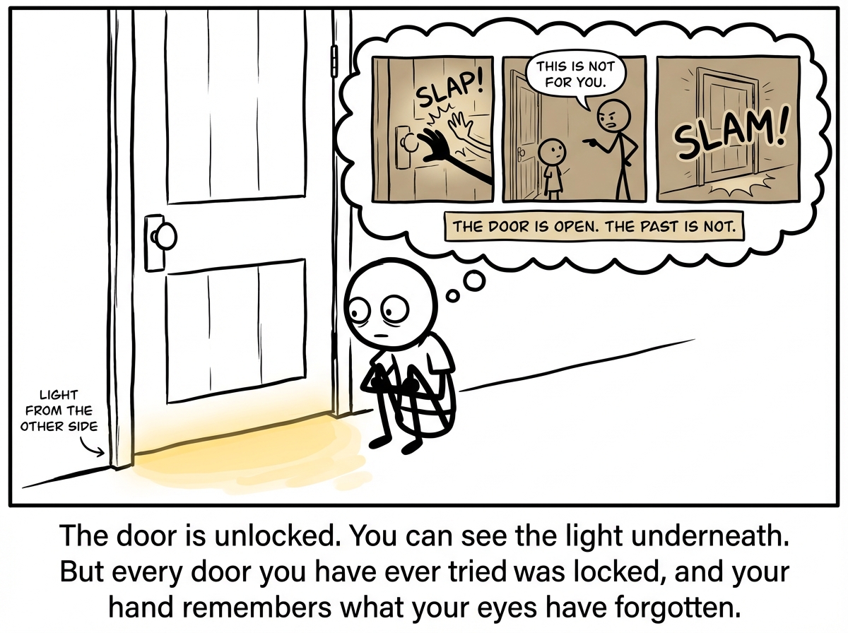 A stick figure sits on the floor in front of a large wooden door, knees pulled to their chest, staring at the handle. The door is clearly unlocked -- there is no lock, no chain, and light visibly seeps through the crack at the bottom. But the figure's thought bubble shows a montage of memories: past doors slamming shut, a hand reaching for a handle and getting slapped away, a younger version of the figure being told 'This is not for you.' A label reads 'THE DOOR IS OPEN. THE PAST IS NOT.'